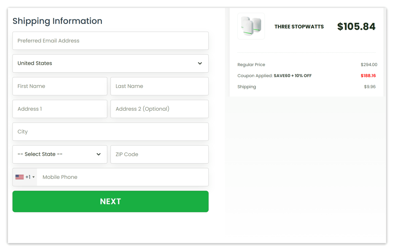 StopWatt secure checkout page